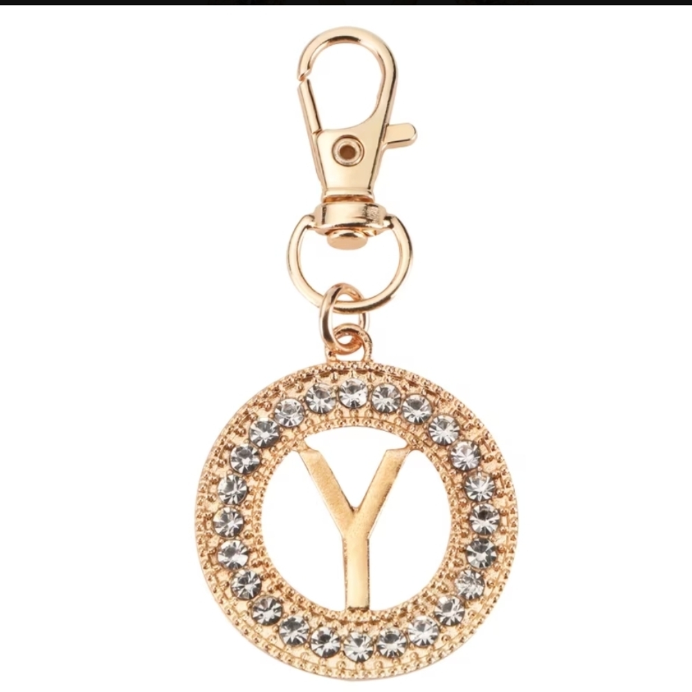 Gold 'Y' Crystal Circle Keychain Charm